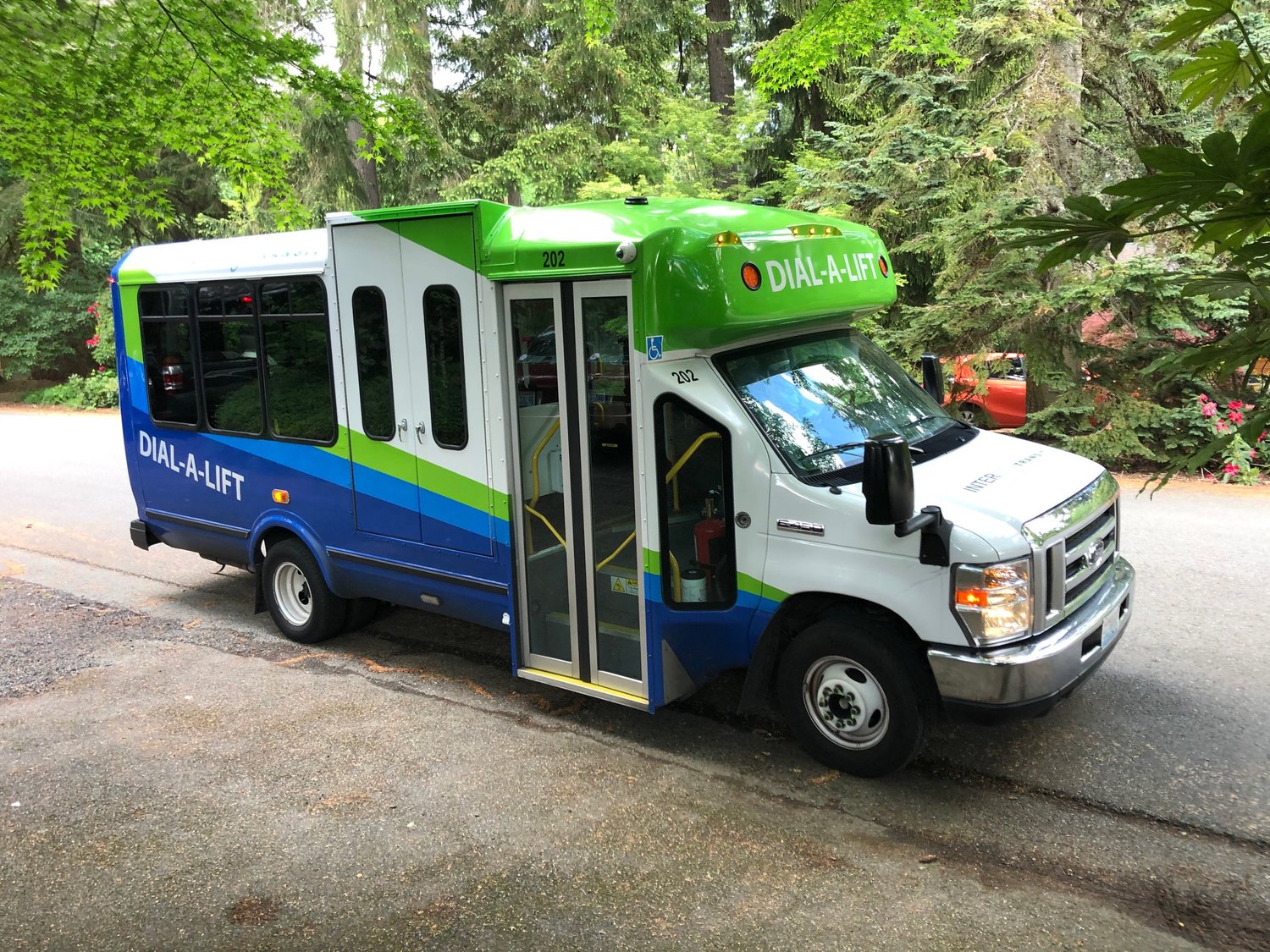 This is one of Intercity Transit's newer Dial-A-Lift buses, shown arriving at a rider's home.